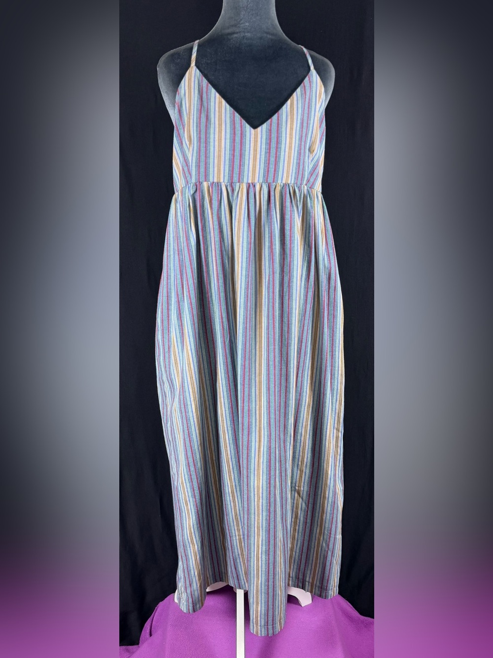 Olivaceous Dress Vert Striped Maxi Blue, Pink, Yellow & Cream Cotton Hippie